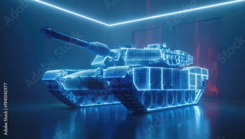 Futuristic wireframe military tank illuminated with blue neon lights