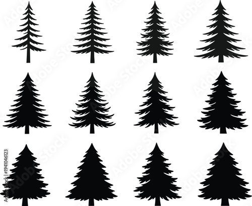 Evergreen pine tree silhouette collection isolated on light background forest conifer vector set for nature landscape and Christmas design