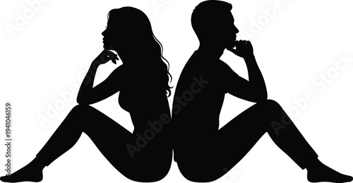 Silhouette of sad couple sitting back to back, relationship conflict, breakup concept, emotional distance, man and woman thinking alone
