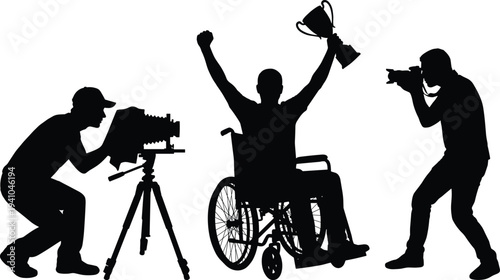 Silhouette set of photographer with camera, vintage photographer, and disabled athlete in wheelchair holding trophy, achievement success concept