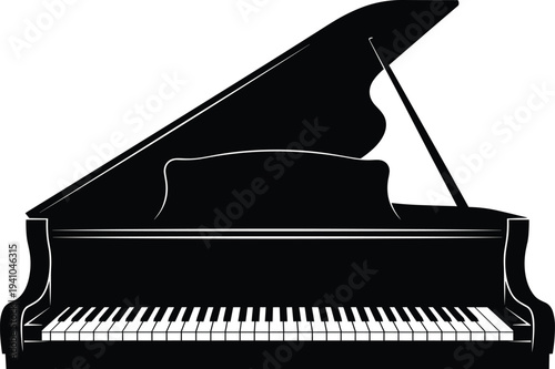 Grand piano silhouette with keyboard and open lid isolated vector illustration for classical music instrument design