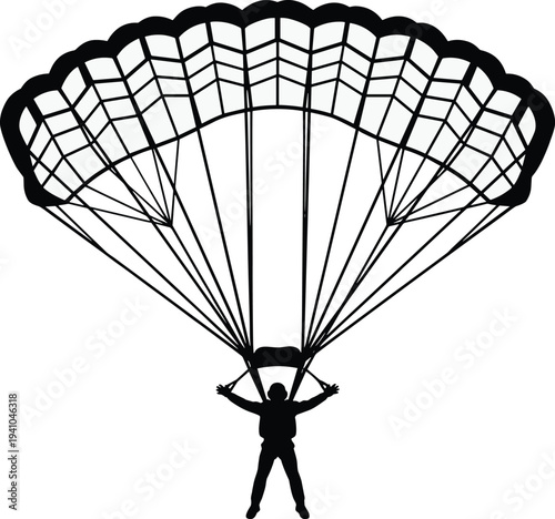 Skydiver with parachute silhouette landing safely, extreme sport adventure activity in sky, parachuting freedom and adrenaline concept illustration