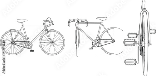 Technical line drawing of classic single-speed bicycle with diamond frame, drop handlebars, and crankset views for engineering design illustration