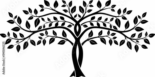 Stylized black and white illustration of a tree with dense foliage