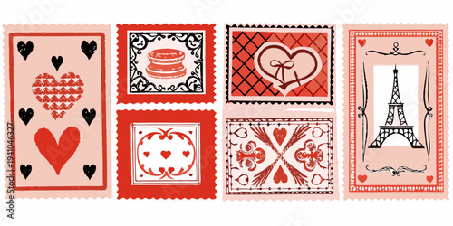 A collection of vintage style postage stamps with romantic and parisian themes