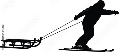 Skier pulling sled silhouette winter sport skiing activity vector illustration