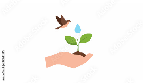 World Environment Day concept vector with hand nurturing plant bird and water droplet eco symbol isolated on white background