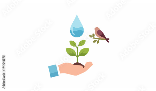 Eco conservation vector illustration with hand plant bird and water drop World Environment Day concept isolated on white background