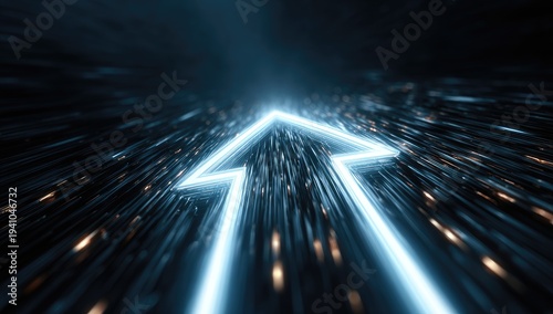 Glowing blue arrow speeds forward on abstract, dark, streaking background