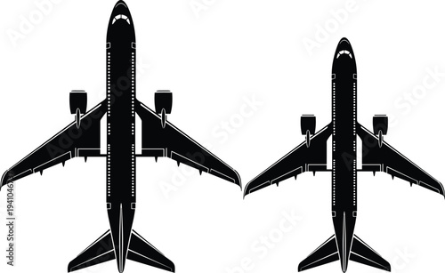 Top view silhouette of two commercial passenger airplanes isolated on white background aviation transport comparison concept vector style illustration design