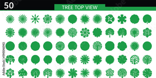 Top view tree icon set with fifty green forest trees isolated vector collection for landscape architecture map and garden design