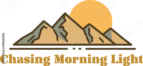 Stylized mountain range with yellow sun and handwritten text