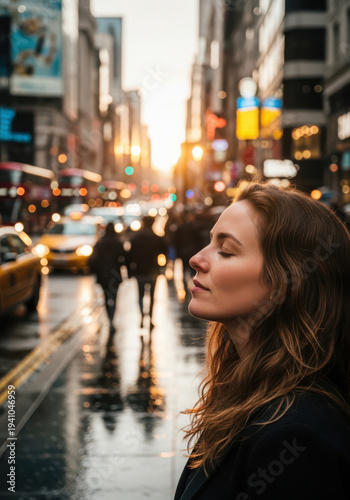 Woman finding peace in bustling city street at sunset.