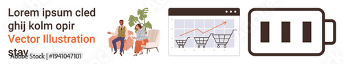 Digital transformation, e-commerce, energy management, teamwork, financial planning, web analytics. People discussing, shopping carts in a graph battery icon. E-commerce and energy management