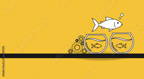 Fish Jumping Out of Fishbowl with Gears Illustration, Business Strategy and Innovation Concept Mockup