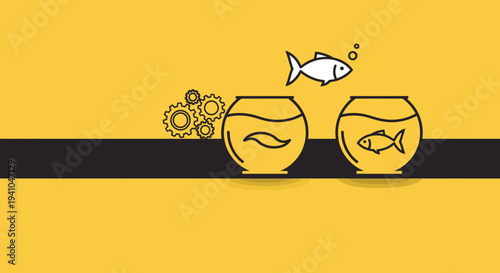 Fishbowl Transfer Concept Vector Illustration: Business Idea, Change, and Innovation with Gears and Copy Space