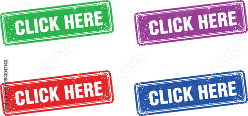 A colorful set of click here stamps in green, purple, red, and blue on a white background