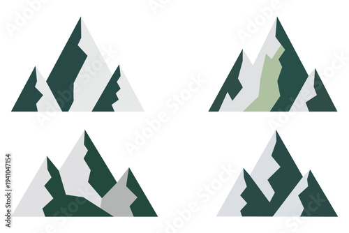 Four stylized mountain ranges with varied color palettes, abstract nature scenes
