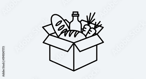Food box illustration, line art style, grocery delivery concept, e-commerce and shopping graphic resource