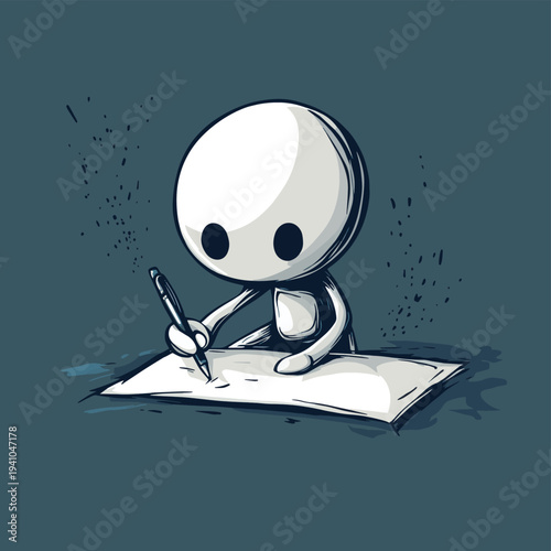 A stressed stick figure is intensely writing on a piece of paper with a pen in a very focused manner. , vector style simple color