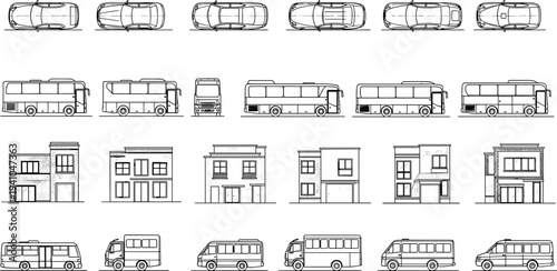 Urban transport and city building line icon set with cars buses vans and houses isolated vector illustration collection