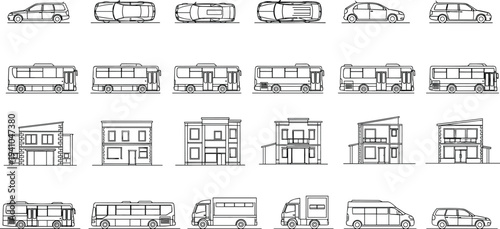 Urban transport vehicles and city buildings outline icon set with cars buses vans and houses vector illustration collection