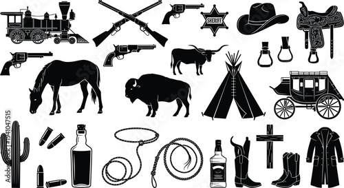 Wild west cowboy elements set with revolver rifles horse wagon cactus sheriff badge hat boots isolated vector silhouette collection