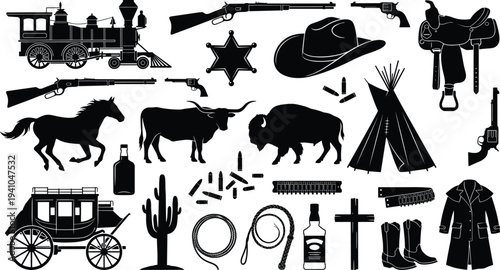 Wild west cowboy silhouette collection with revolvers rifles horse wagon cactus sheriff badge hat boots rope isolated vector icons set