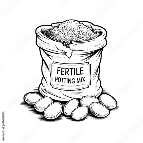 Black-and-white vector silhouette of a labeled sack of fertile potting mix with seeds, gardening and horticulture illustration