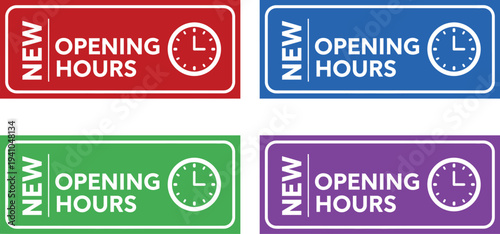 A set of colorful stickers announcing new opening hours for a business