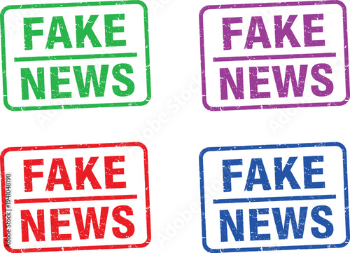 A collection of colorful fake news stamps on a white background
