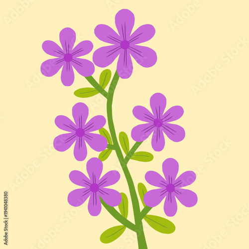 Purple wildflowers branch vector illustration on yellow background. Hand drawn in doodle style. Minimalist design. Flower vector illustration