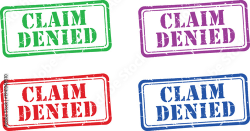 A set of colorful claim denied stamps on a white background