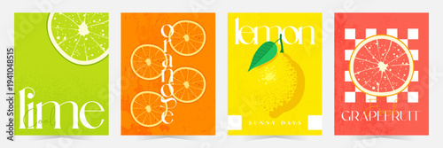 Orange, lemon, grapefruit, lime citrus vertical poster set. Fresh summer card for food branding, juice bars restaurant, modern wall decor. Vector illustration in flat style