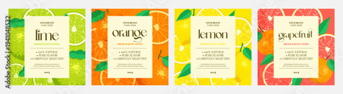 Grapefruit, lime, orange, lemon label design set. Fresh bright templates for labels, packaging, products, branding, design project. Vector illustration