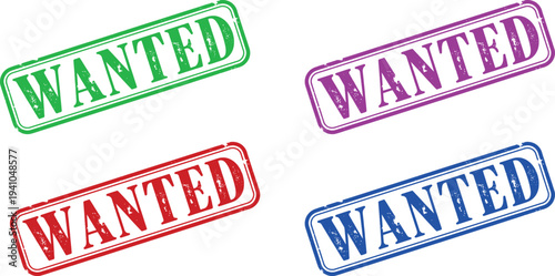 A set of colorful wanted stamps on a white background