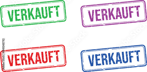 A set of colorful VERKAUFT stamps on a white background