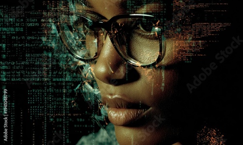 Close-up of a person's face with digital data overlay