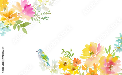 Watercolor vector floral background with abstract hand painted bright wold flowers and little bird for banner, web, social media and wedding invitation