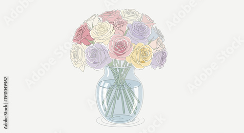 A beautiful bouquet of flowers in a transparent glass vase on a white background, viewed from the front.