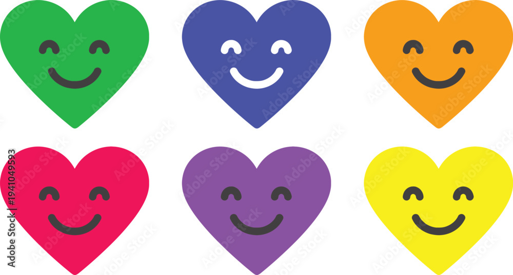 Fototapeta premium A colorful set of heart shaped emojis with smiling faces on a white background