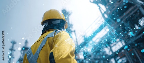 Worker in yellow vest and hard hat views connected industrial network