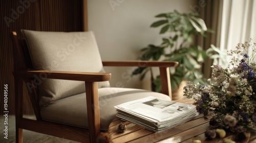 A simple, wooden magazine rack next to an armchair in a quiet reading nook, 8k, realistic, full ultra HD, high resolution, cinematic photography