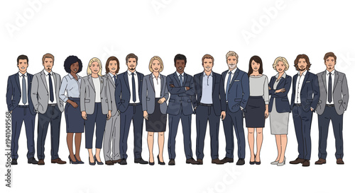 Diverse group of professionals standing together in formal attire, showcasing teamwork and unity in a modern office environment from a frontal viewpoint