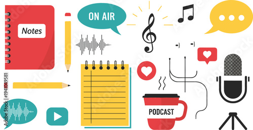 Podcast and Audio Recording Vector Icon Set with Microphone, Notes, Music Symbols, Speech Bubbles and On Air Broadcasting Elements