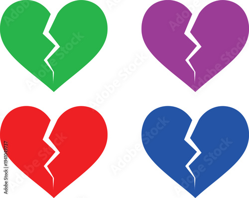 A collection of colorful broken heart icons on a white background