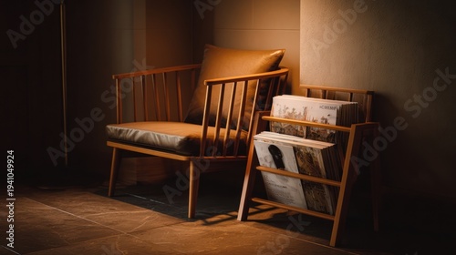 A simple, wooden magazine rack next to an armchair in a quiet reading nook, 8k, realistic, full ultra HD, high resolution, cinematic photography