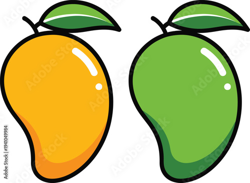 A colorful illustration of a yellow pear and a green apple with leaves on a white background