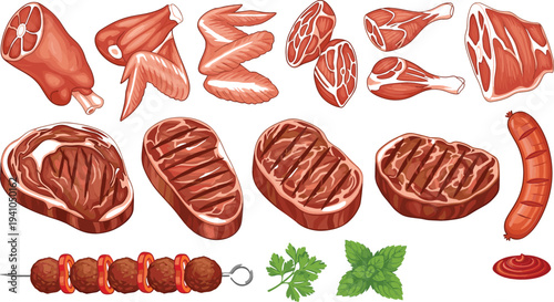 Raw and Grilled Meat Vector Set with Steak, Sausage, Chicken Wings, Drumsticks and BBQ Skewers Isolated Food Illustration
