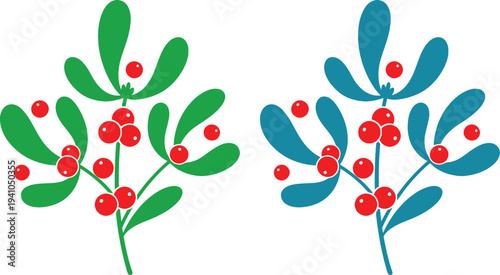 A colorful illustration of mistletoe branches with red berries on a white background